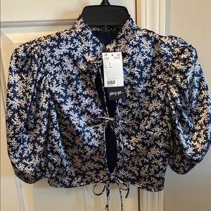 Nasty Gal Navy and White Floral Tie-Front Puff Sleeve Blouse